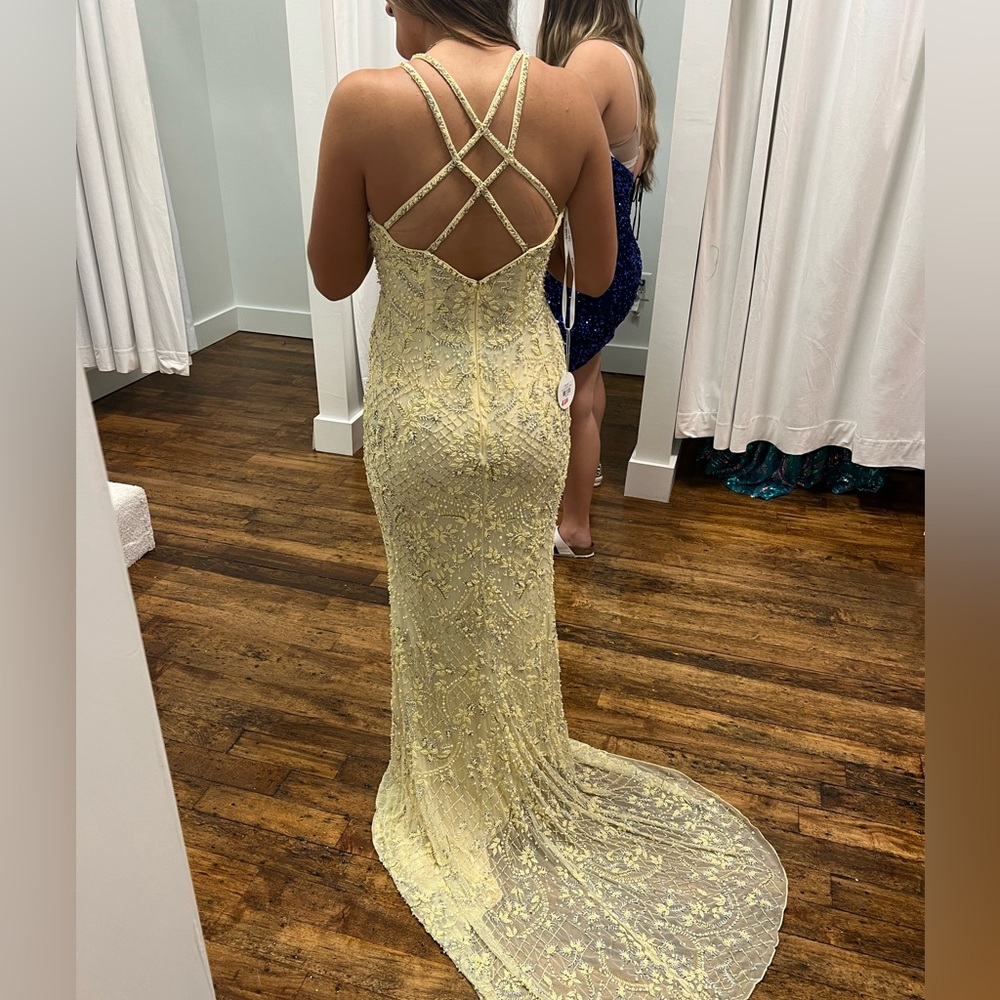 Sherri hill lite yellow beaded gown, train removed updated pics if needed